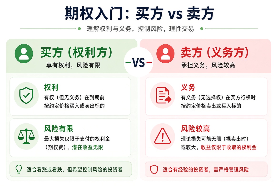 买方与卖方对照:买方支付权利金、拥有权利、亏损有限;卖方收取权利金、承担义务、收益有限且有履约风险。