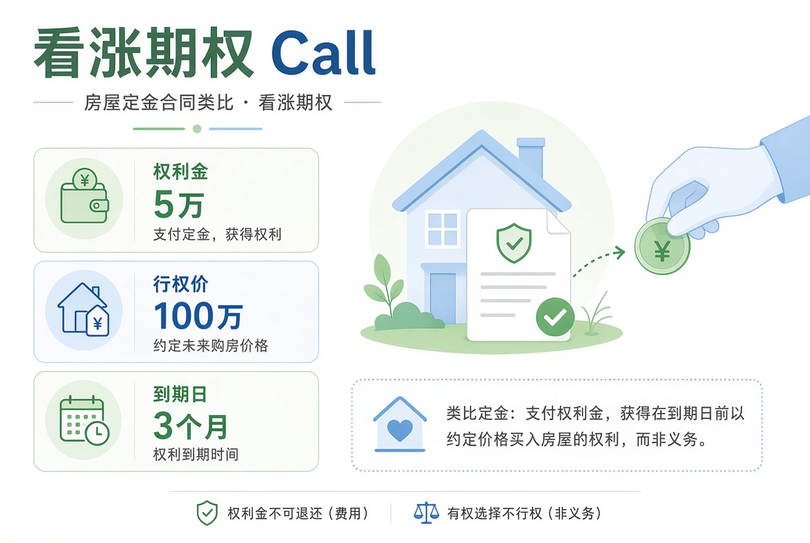 看涨期权示意图:支付 5 万元权利金,锁定三个月内以 100 万买入房产的权利;权利金不可退还,买方有权选择不行权。
