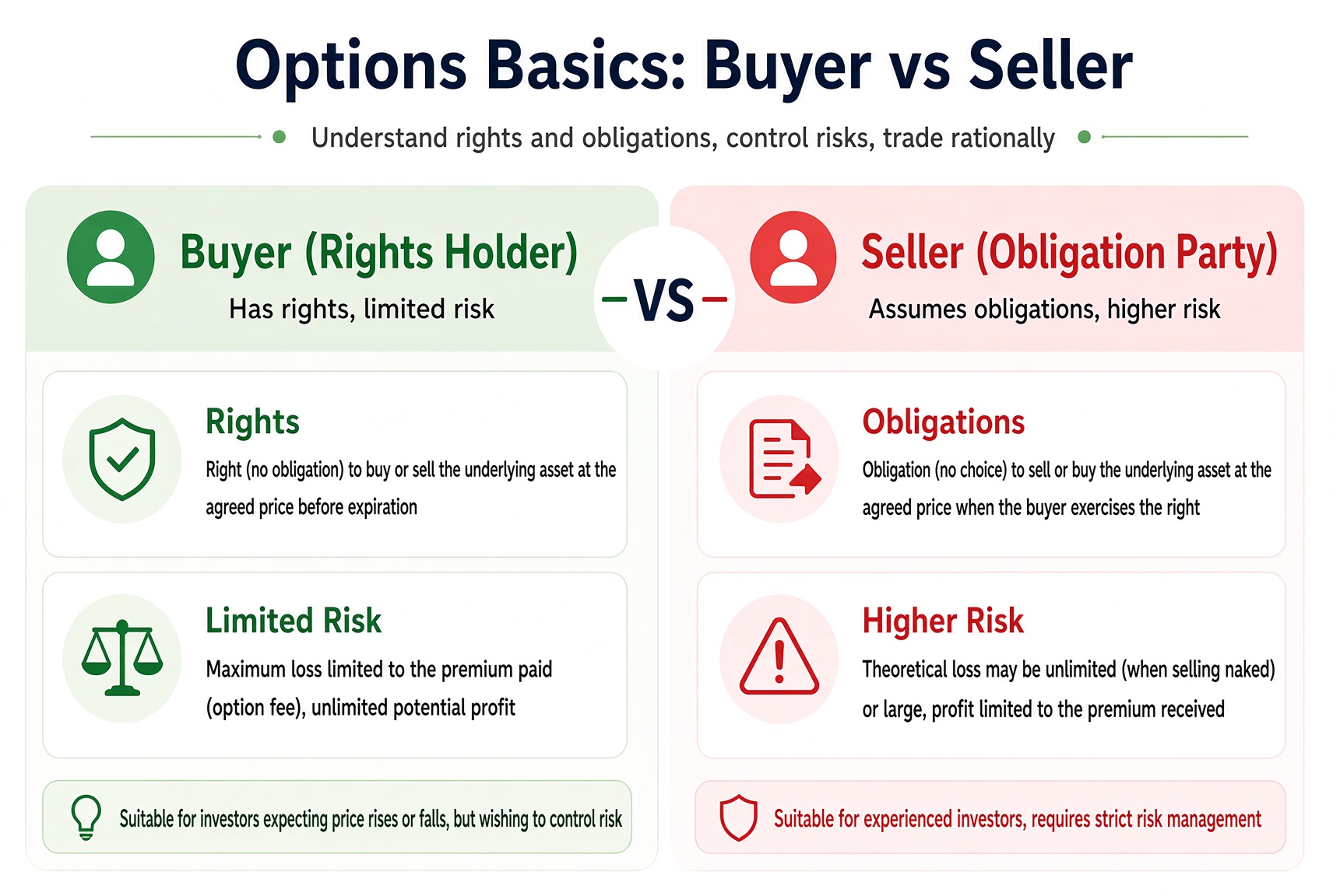 Buyer versus seller: the buyer pays premium, holds the right, and has a capped loss; the seller collects premium, takes the obligation, and has limited gain with assignment risk.