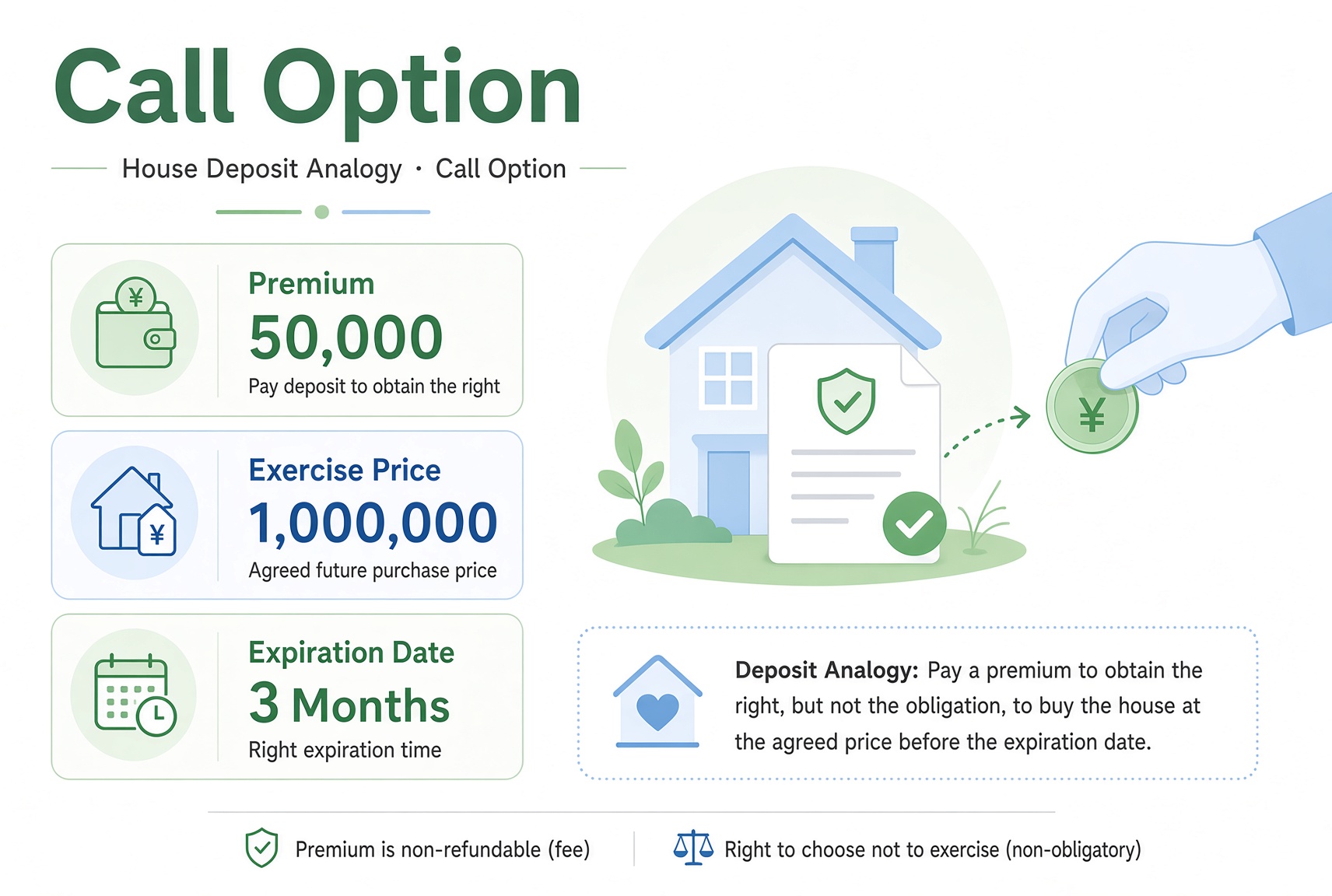 Call option diagram: pay a $50,000 premium to lock in the right to buy a house at $1,000,000 within three months. The premium is not refundable; the buyer may choose not to exercise.