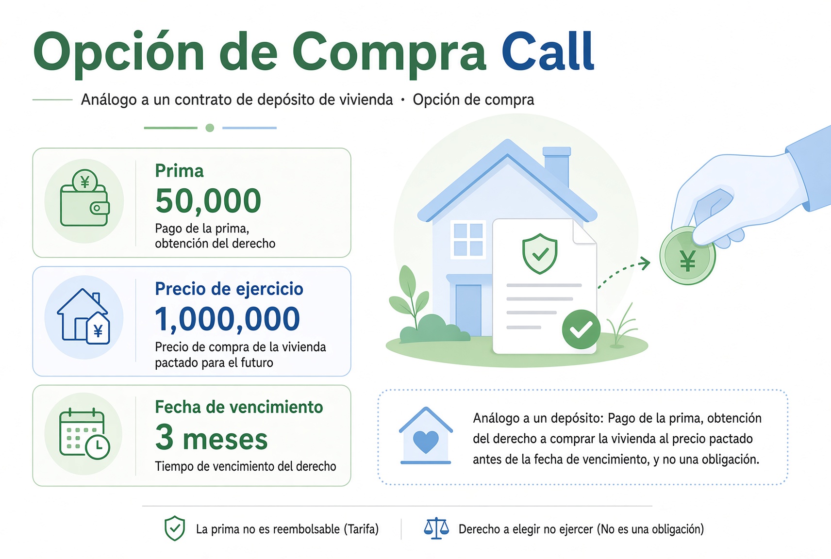 Diagrama de un Call: se paga una prima de 50.000 para fijar el derecho a comprar una vivienda a 1.000.000 en tres meses. La prima no se devuelve; el comprador puede no ejercer.