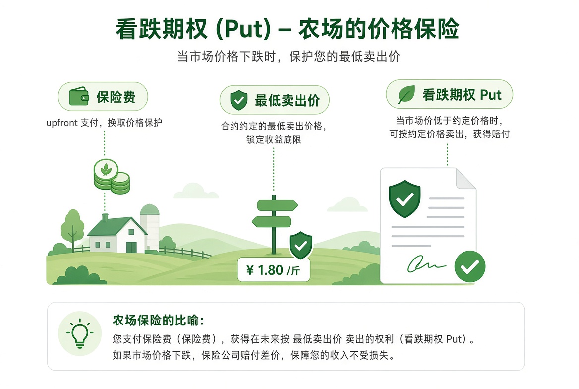 看跌期权示意图:农场主支付保费,锁定小麦最低卖出价;市价下跌时仍可按约定价格卖出。