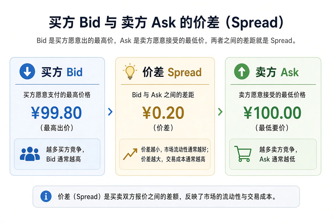 买卖价差示意图:Bid 是买方最高出价,Ask 是卖方最低要价,两者之差就是价差 Spread。