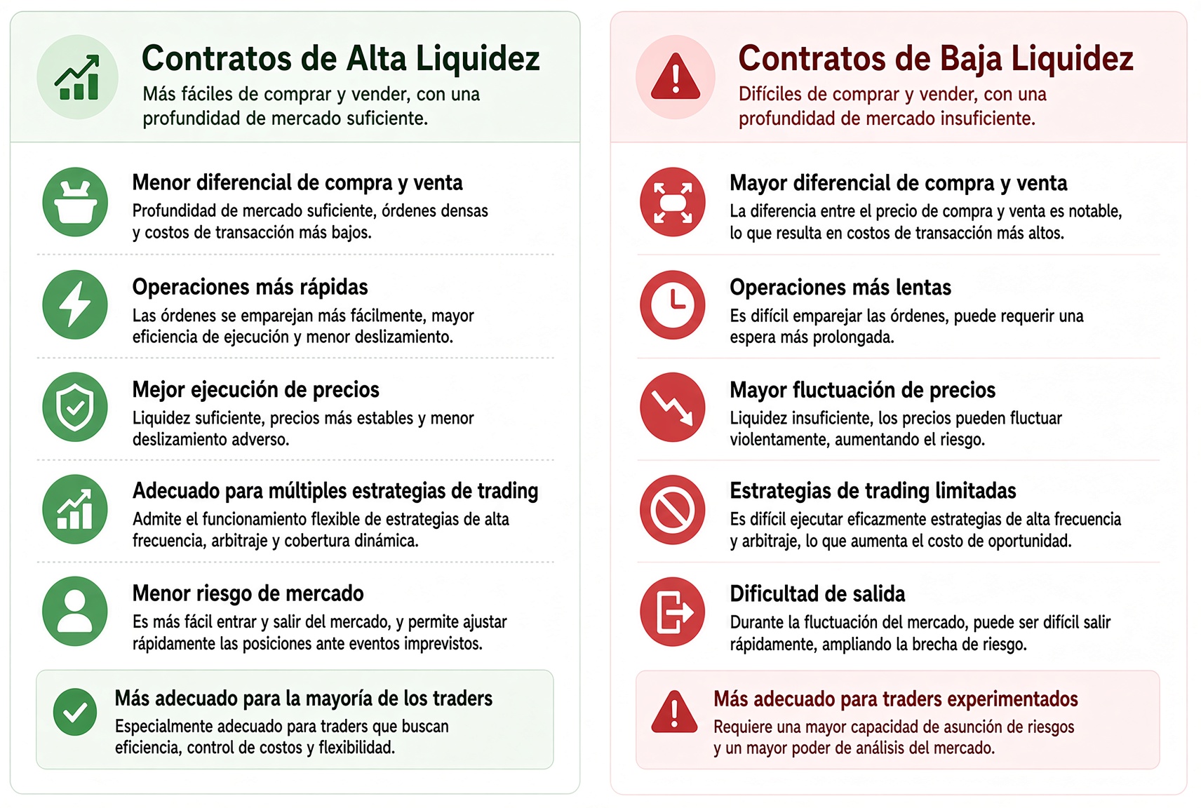 Contratos líquidos frente a ilíquidos: los líquidos tienen spreads más estrechos y cruces más rápidos; los ilíquidos, spreads más anchos y salidas más difíciles.