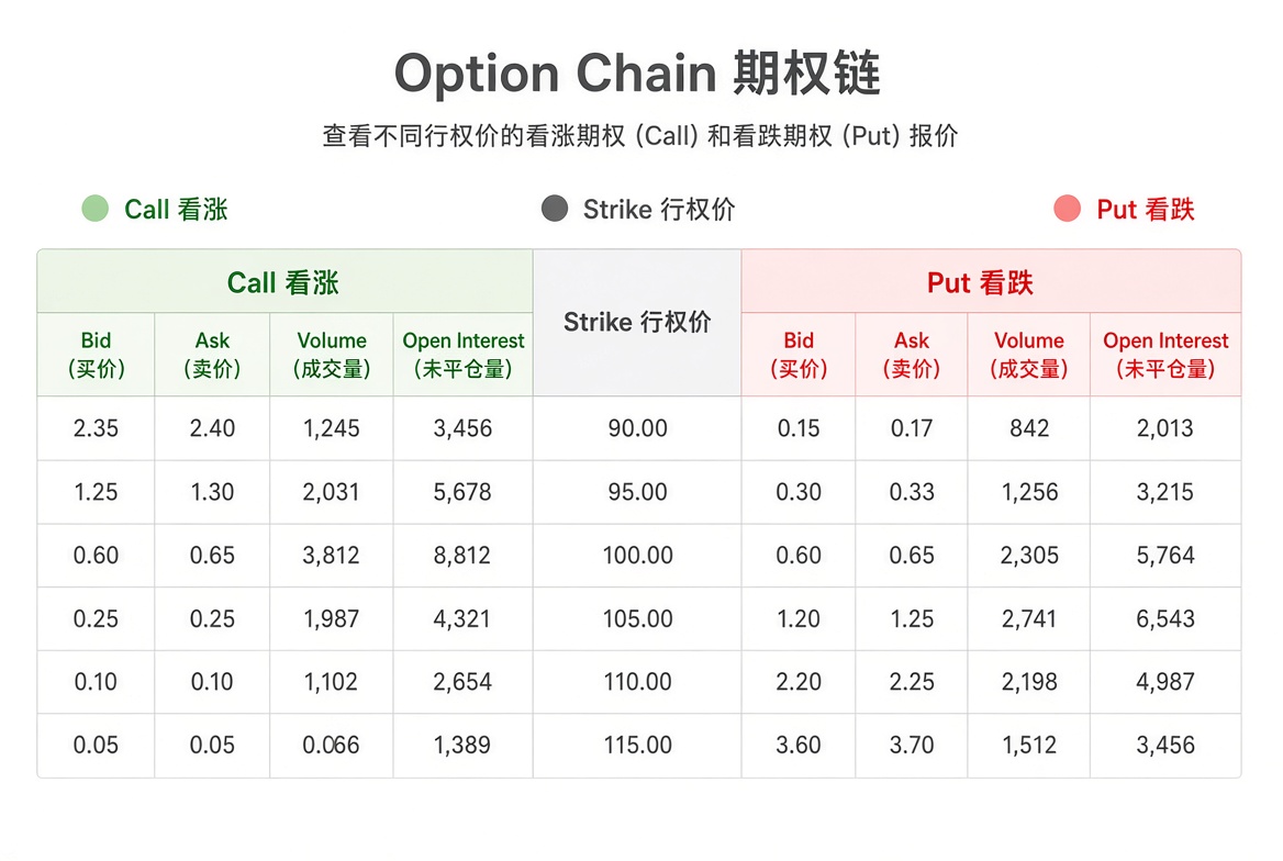 期权链标准布局:左列为 Call 的买价、卖价、成交量和未平仓量,中间为行权价,右列为 Put 的对应报价。