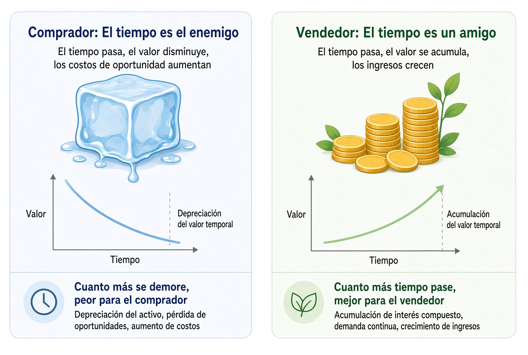 Comprador frente a vendedor respecto al tiempo: el comprador trata el tiempo como enemigo; el vendedor, como aliado.
