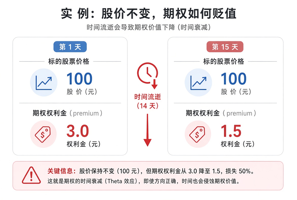 股价维持 100 不变时，权利金从 3.0 降到 1.5，说明时间流逝本身就会让期权贬值。