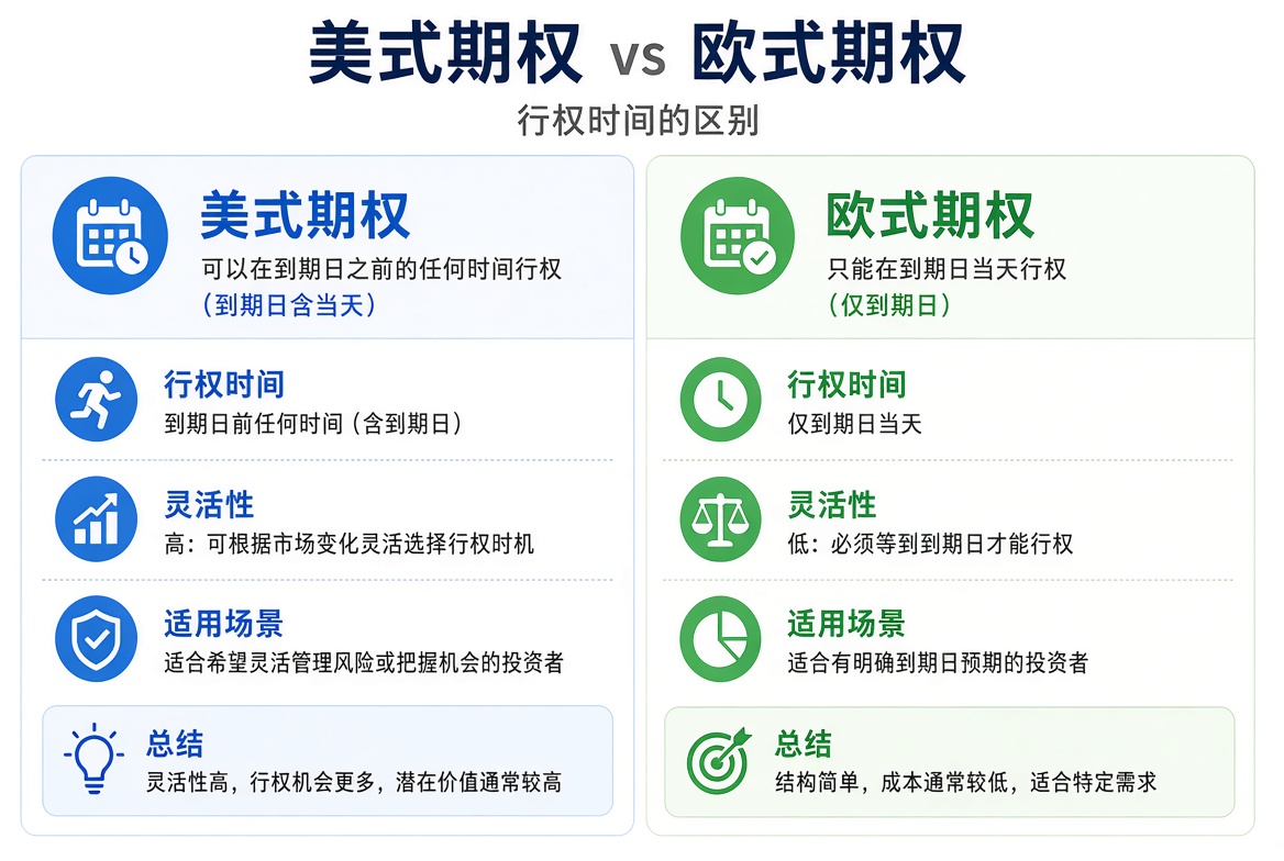 美式期权可在到期日前任一交易日行权;欧式期权只能在到期日当天行权。