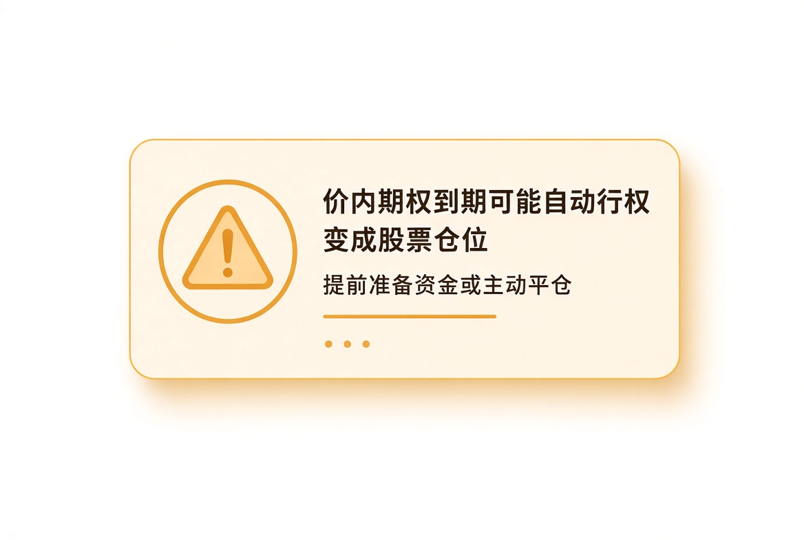 警示:价内期权到期可能自动行权变成股票仓位,需提前准备资金或主动平仓。