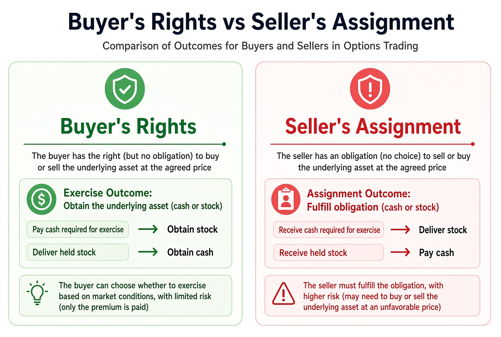 Exercise vs assignment: the buyer may buy or sell at the agreed price; the seller must perform at that price.
