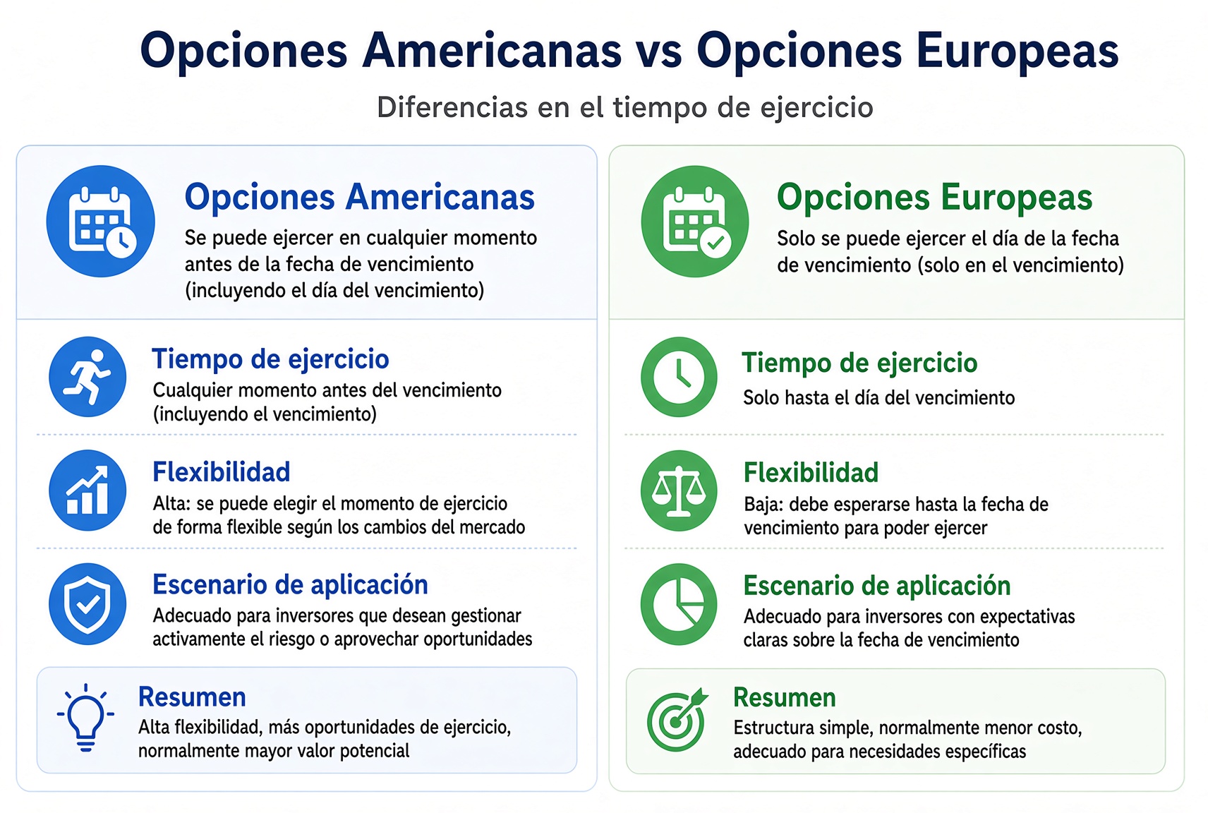 Las americanas se pueden ejercer cualquier día de negociación hasta el vencimiento; las europeas, solo el día de vencimiento.