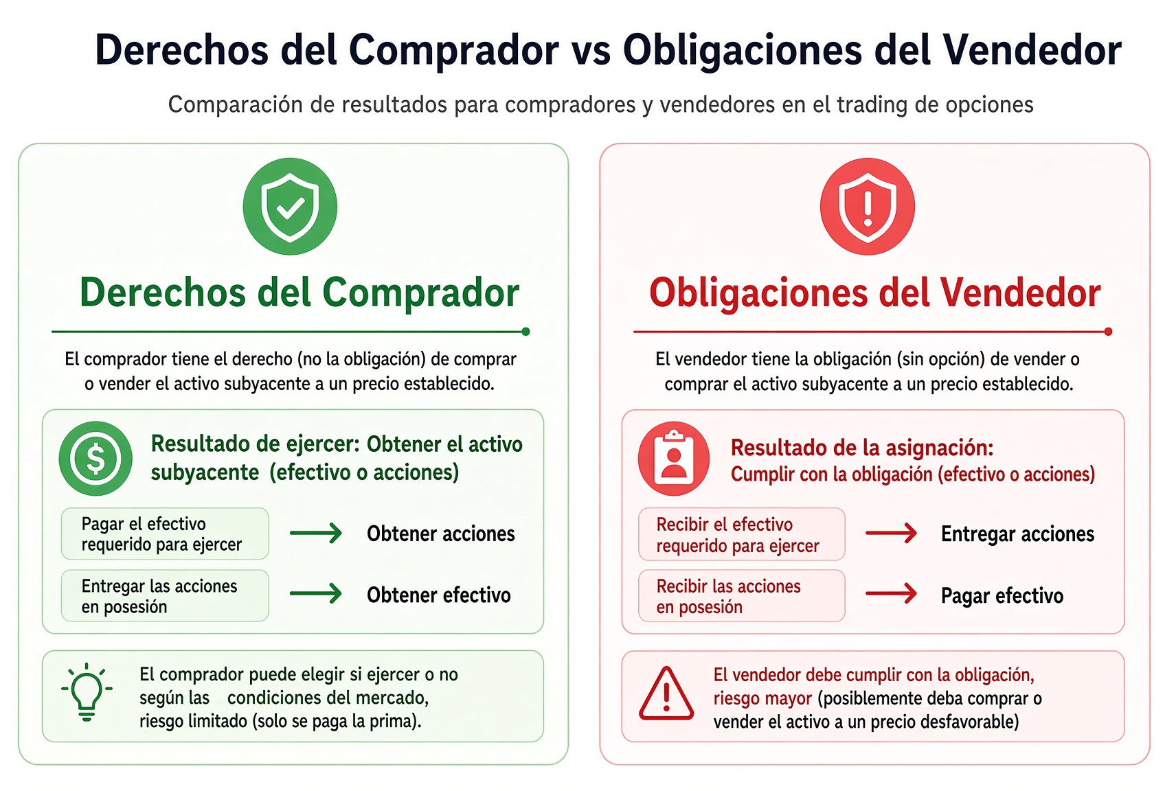 Ejercicio frente a asignación: el comprador puede comprar o vender al precio pactado; el vendedor debe cumplir a ese precio.
