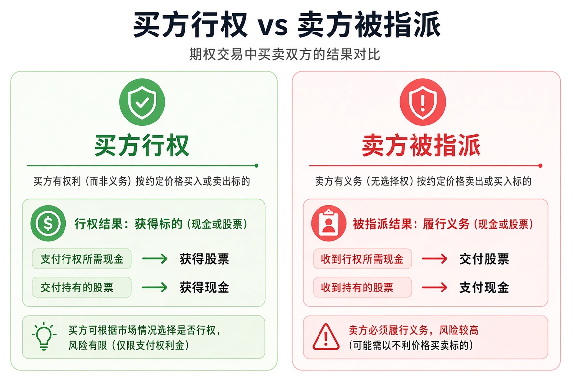 买方行权与卖方被指派对照:买方有权按约定价格买入或卖出;卖方必须按约定价格履约。