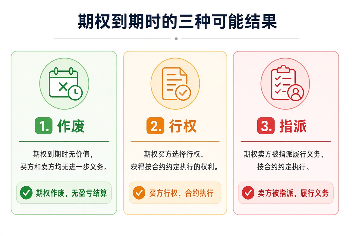 期权到期三种结果:作废、买方行权、卖方被指派。