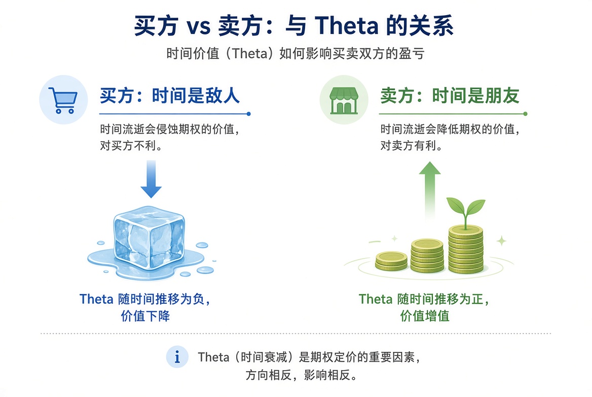 买方把时间当成敌人,Theta 为负、价值下降;卖方把时间当成朋友,时间流逝降低期权价格、对卖方有利。