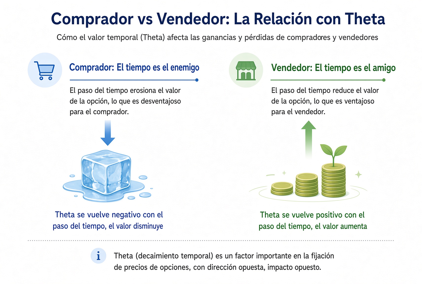 El comprador trata el tiempo como enemigo (Theta negativo, valor que cae); el vendedor, como aliado (el paso del tiempo abarata la opción y favorece al corto).