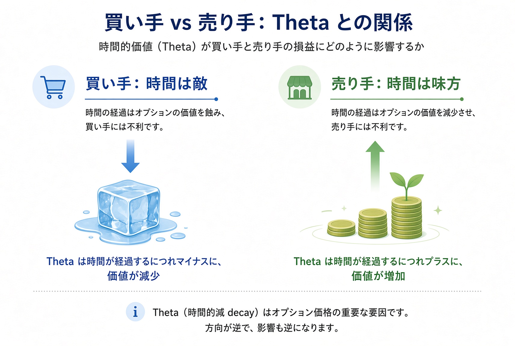 買い手は時間を敵と見る(Theta は負、価値は下がる)。売り手は時間を味方と見る(時間の経過がオプションを安くし、売りに有利)。