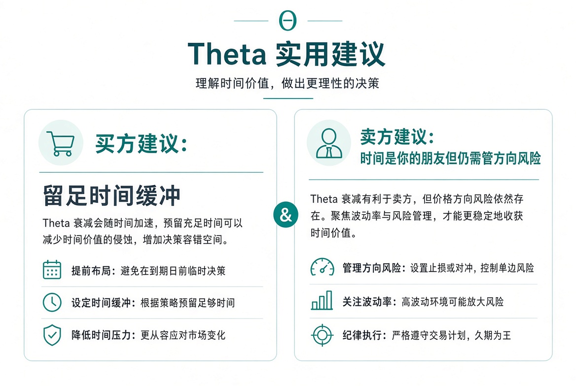 Theta 实用建议:买方留足时间缓冲;卖方享受衰减但仍需管理方向风险。