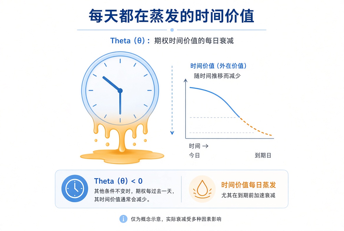 时间价值每日蒸发示意图:其他条件不变时,外在价值随时间推移减少,临近到期加速。