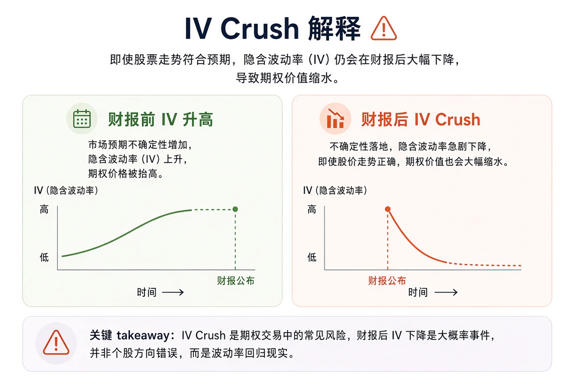 IV Crush:财报前 IV 升高,财报公布后 IV 急剧下降,即使股价方向正确,期权价值也可能缩水。