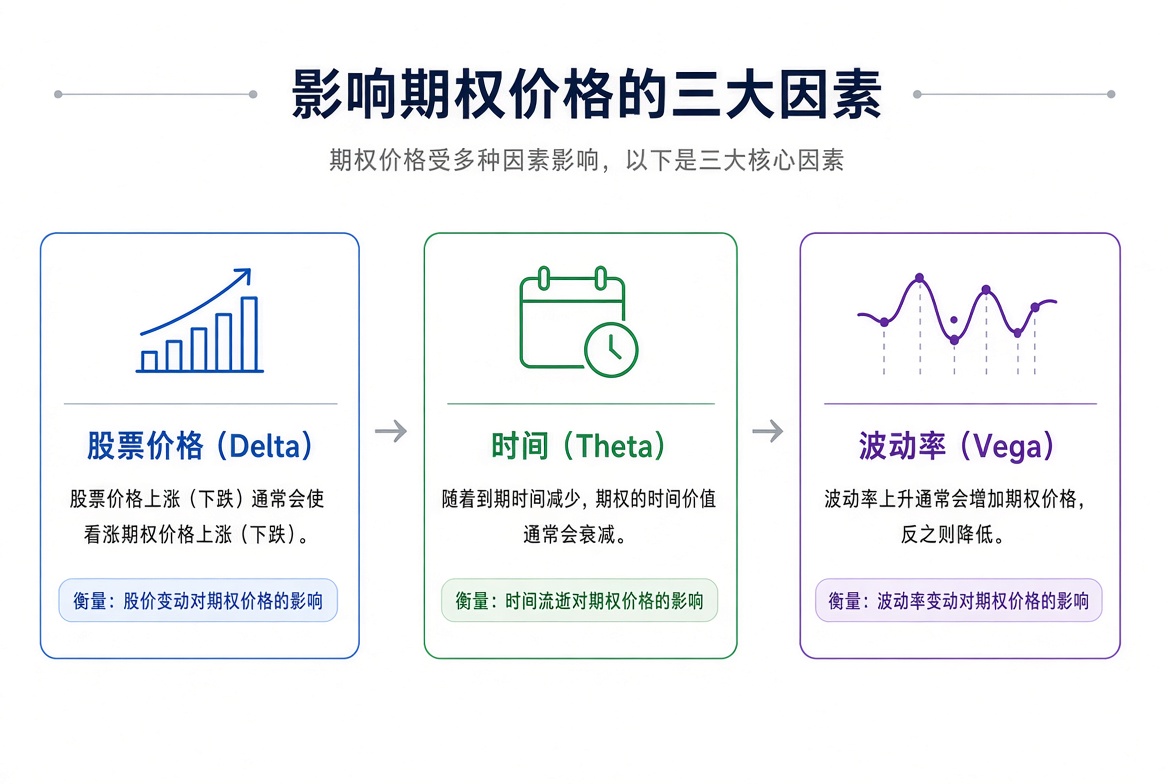 影响期权价格的三大因素:股价(Delta)、时间(Theta)、波动率(Vega)。