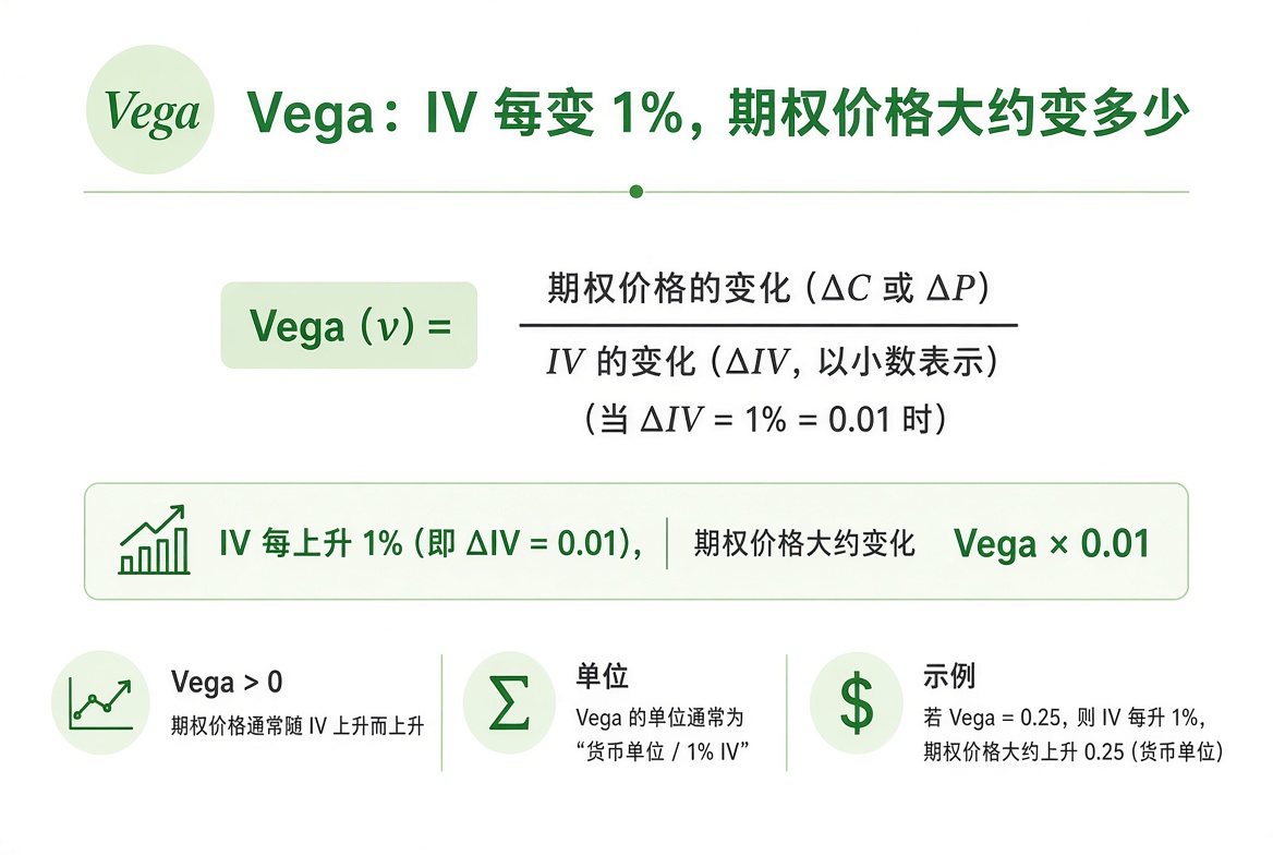 Vega 定义:IV 每变化 1%,期权价格大约变化 Vega 那么多;Vega 为正,IV 上升时期权通常变贵。