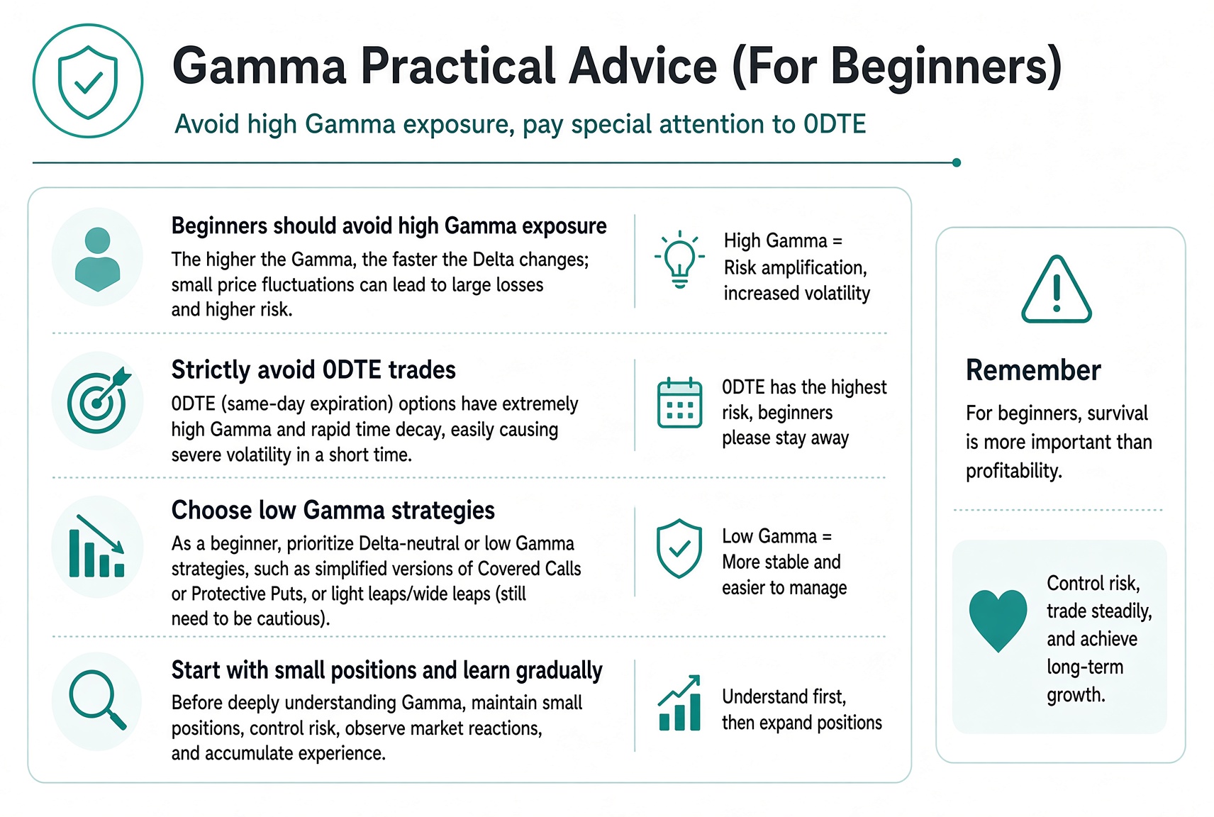 Gamma advice: avoid high-Gamma positions, especially 0DTE, and start small.