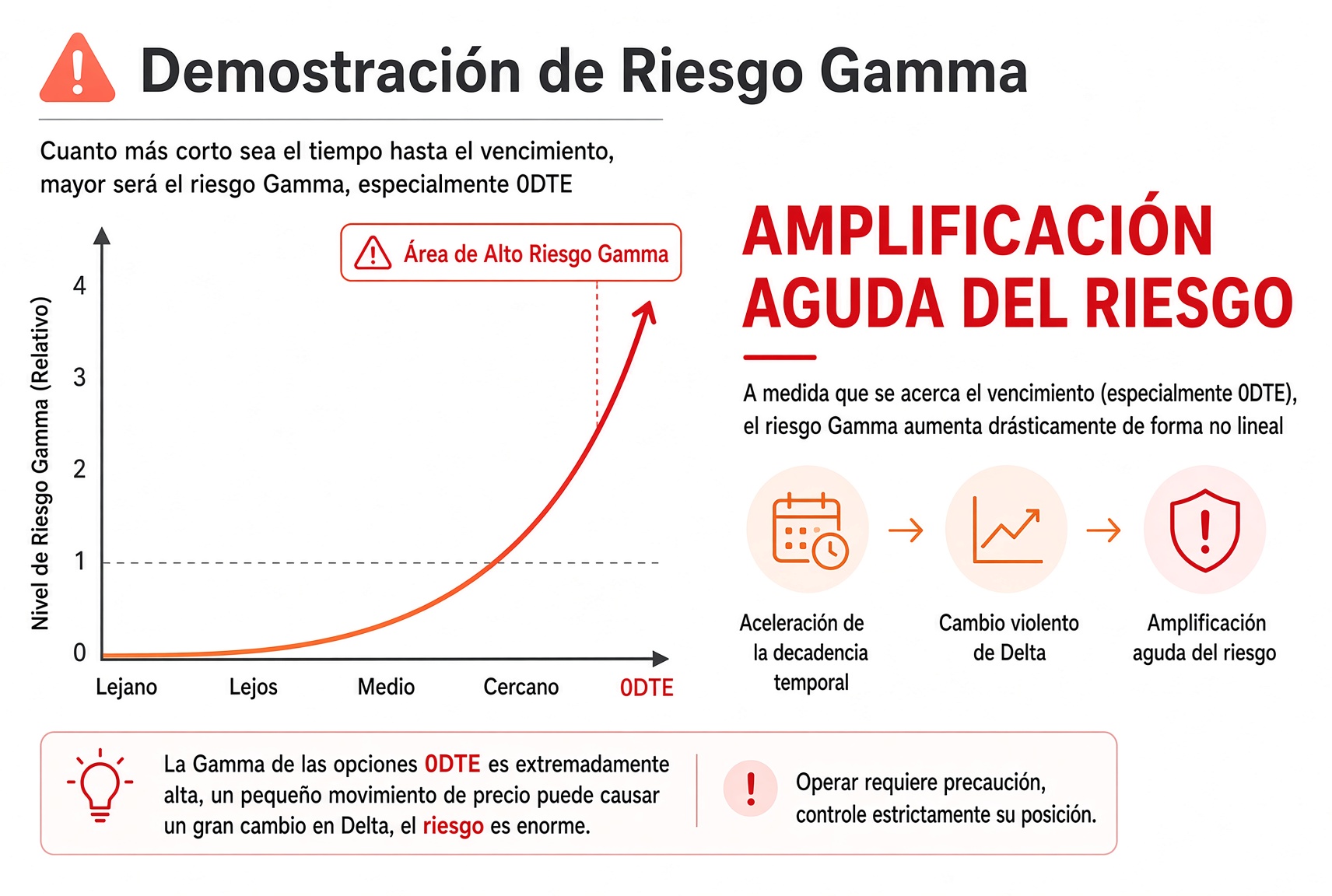 El riesgo de Gamma sube de forma no lineal al acercarse el vencimiento; 0DTE está en la zona de más riesgo, donde un movimiento mínimo puede zarandear Delta.