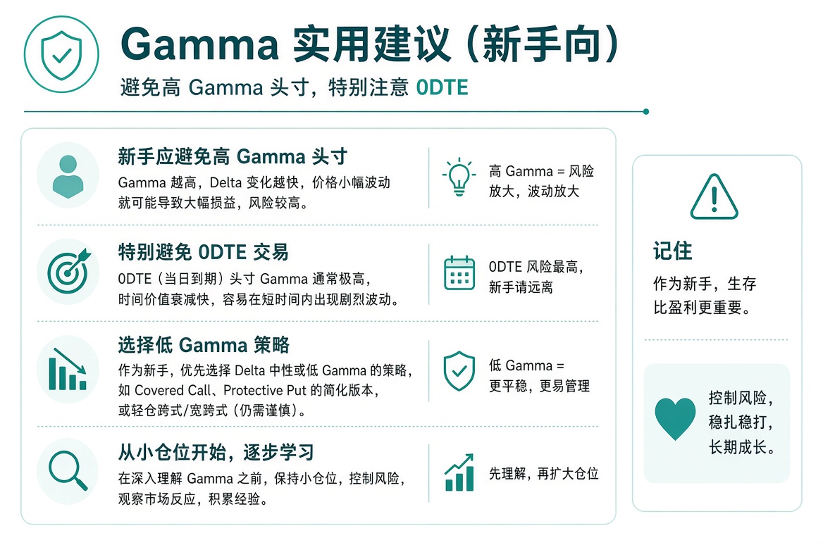 Gamma 实用建议:避免高 Gamma 头寸,特别避开 0DTE,从小仓位开始。