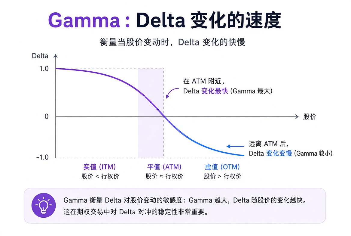 Gamma 衡量 Delta 变化速度:平值附近 Delta 变化最快、Gamma 最大,远离平值后变慢。