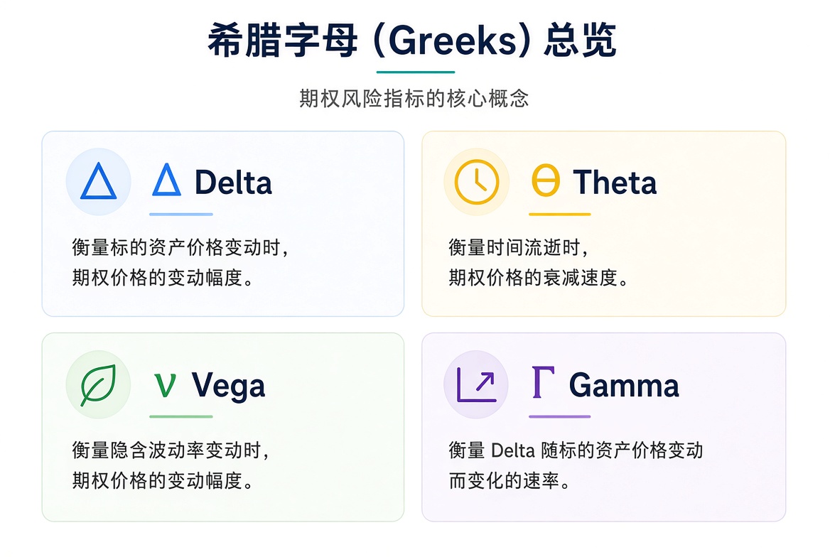 四大希腊字母总览:Delta 量股价敏感度,Theta 量时间衰减,Vega 量隐含波动率,Gamma 量 Delta 变化速度。