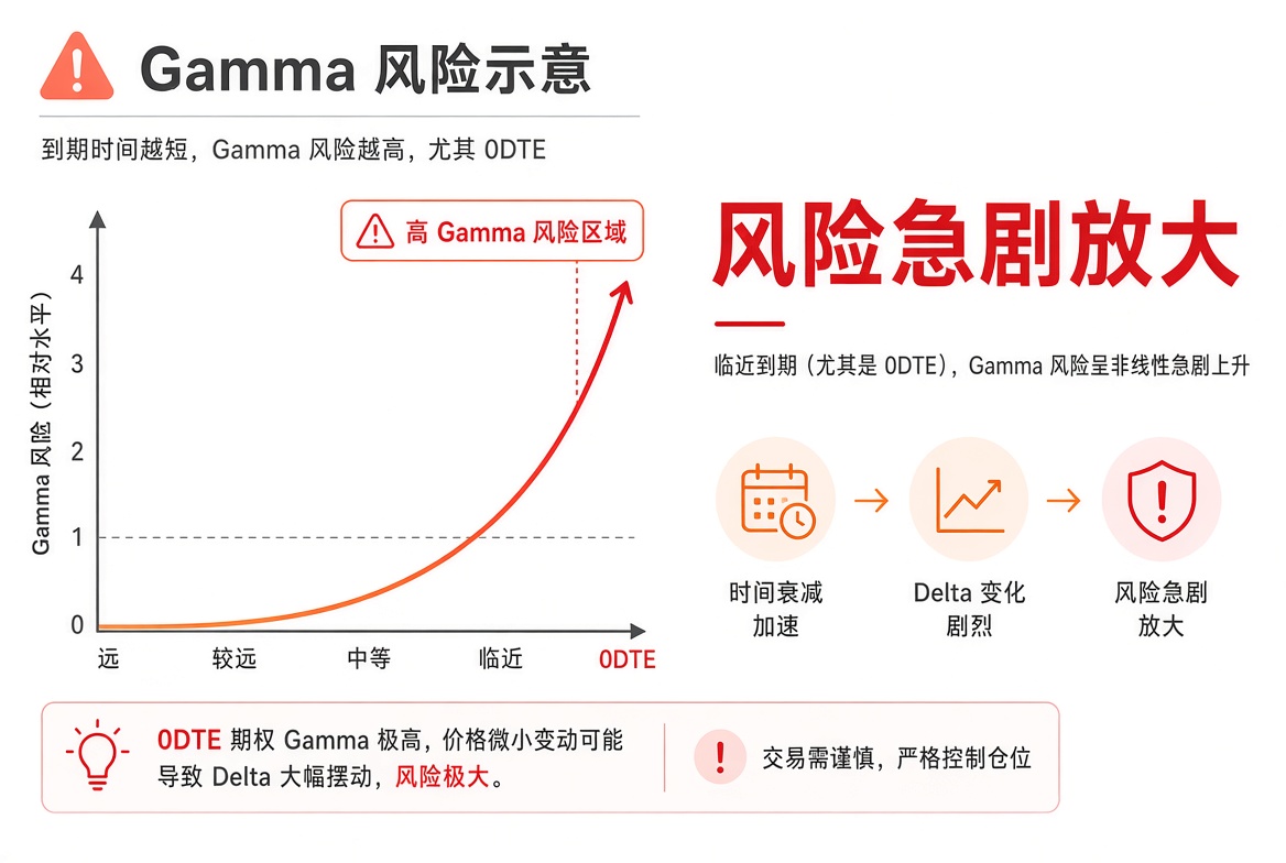 Gamma 风险随到期临近非线性上升,0DTE 处于最高风险区,价格微动就可能导致 Delta 大幅摆动。