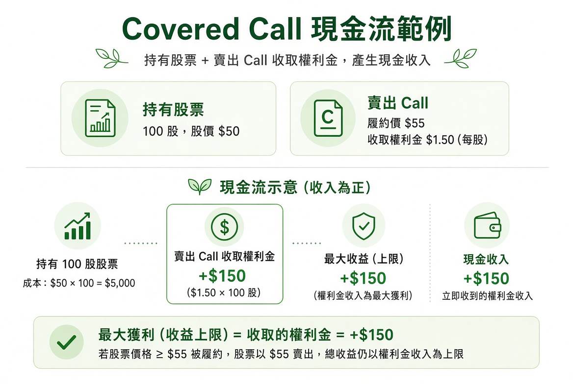 Covered Call 现金流:卖出 Call 后立刻收到权利金,用来降低持仓成本。