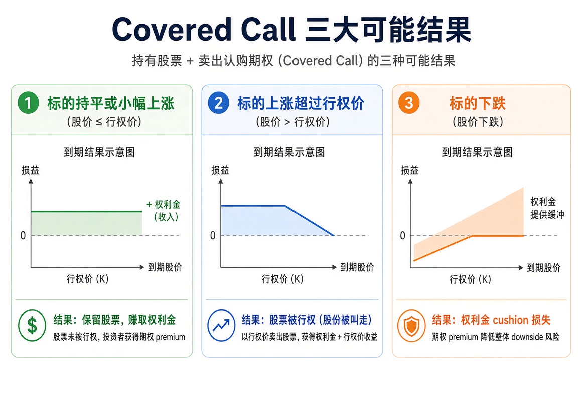 Covered Call 三种结果:股价不过行权价则收租留股,大涨则股票被叫走,下跌则权利金只能部分缓冲。
