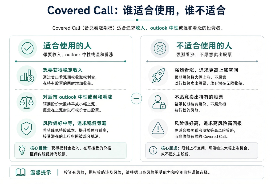 Covered Call 适合已持股、温和看涨、愿意在约定价格卖出的人;不适合强烈看涨、不愿卖股的人。
