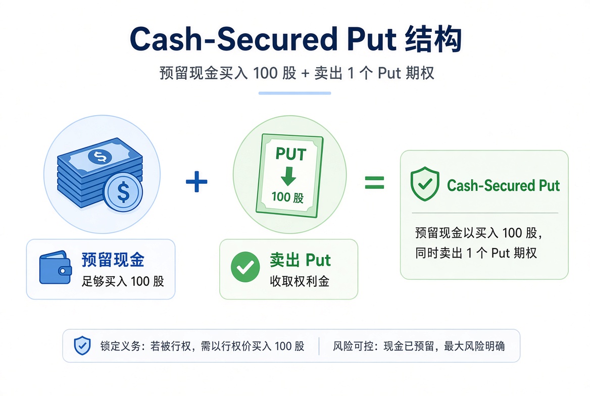Cash-Secured Put 结构：账户预留买入 100 股的现金，同时卖出 1 张 Put。