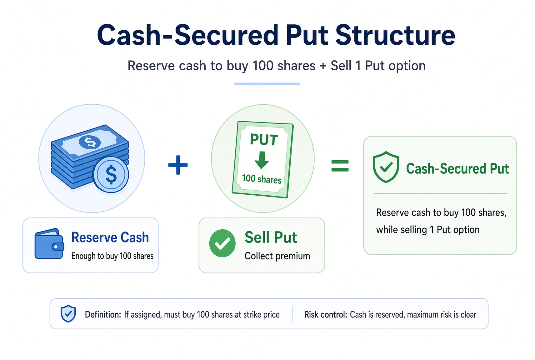 Cash-Secured Put structure: the account holds cash to buy 100 shares, and sells 1 Put against it.