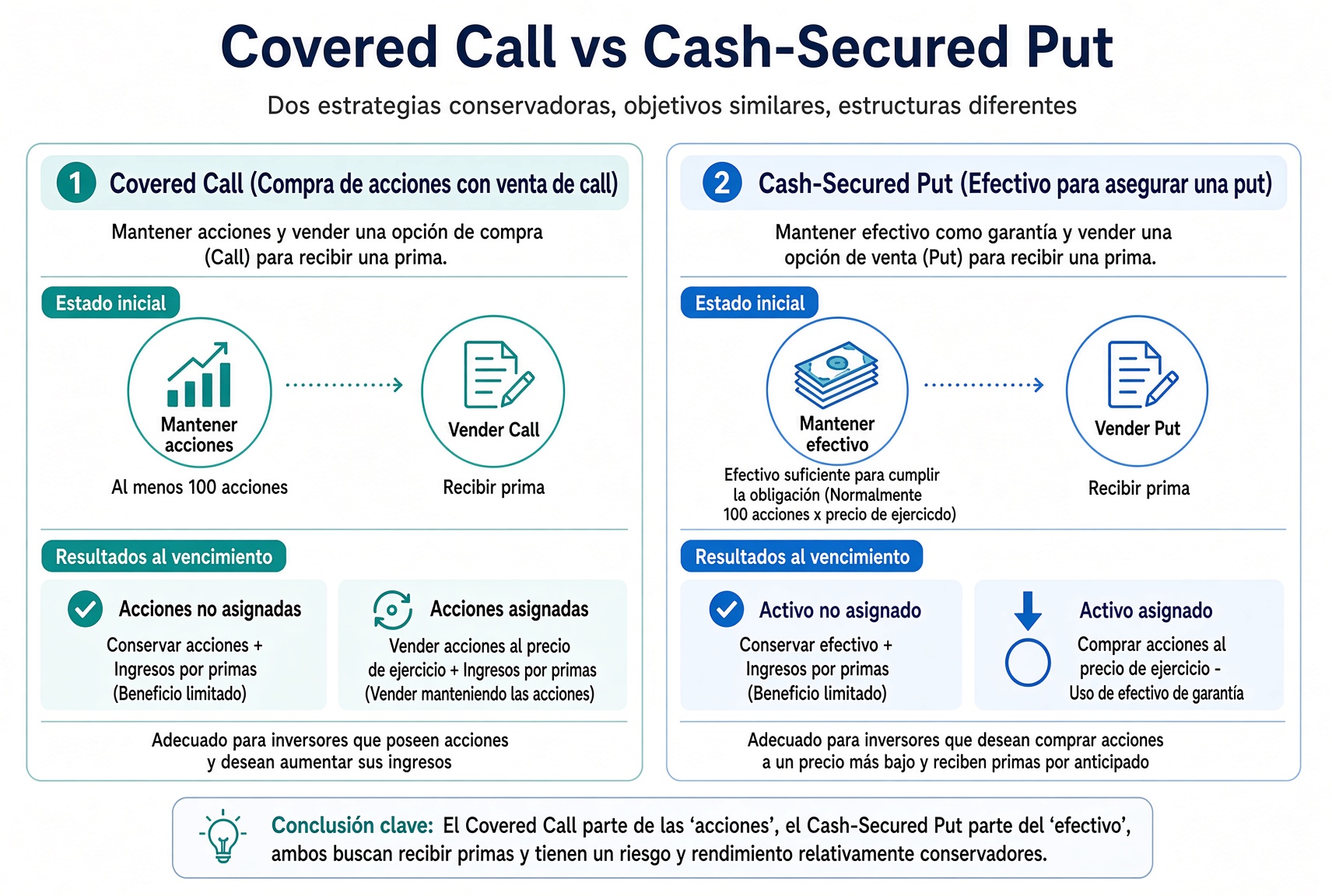 El Covered Call parte de las acciones y vende un Call; el Cash-Secured Put parte del efectivo y vende un Put. Ambos cobran prima.