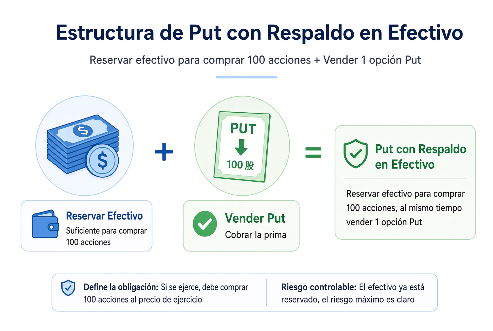 Estructura del Cash-Secured Put: la cuenta reserva efectivo para 100 acciones y vende 1 Put contra él.