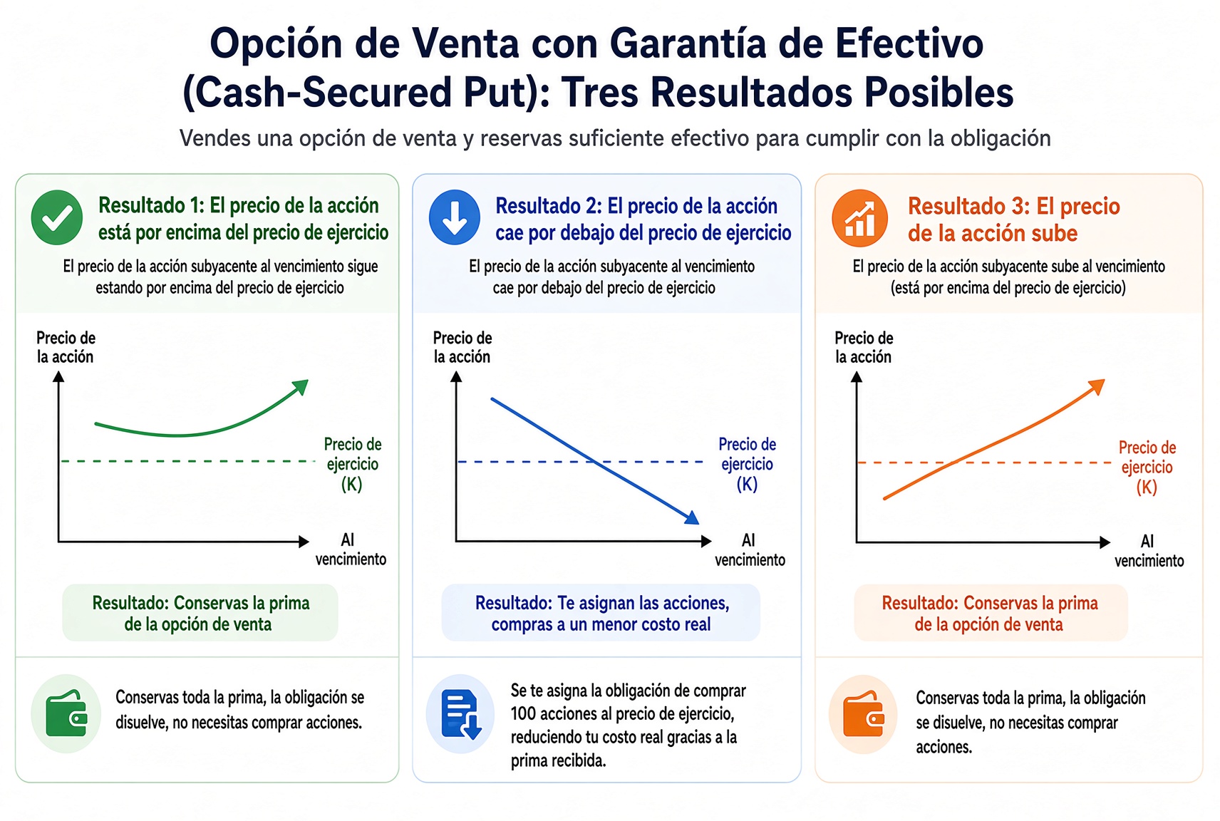 Tres desenlaces del Cash-Secured Put: por encima del strike cobras alquiler y no tomas acciones; si lo rompe, compras al strike; si sube, también te quedas la prima.