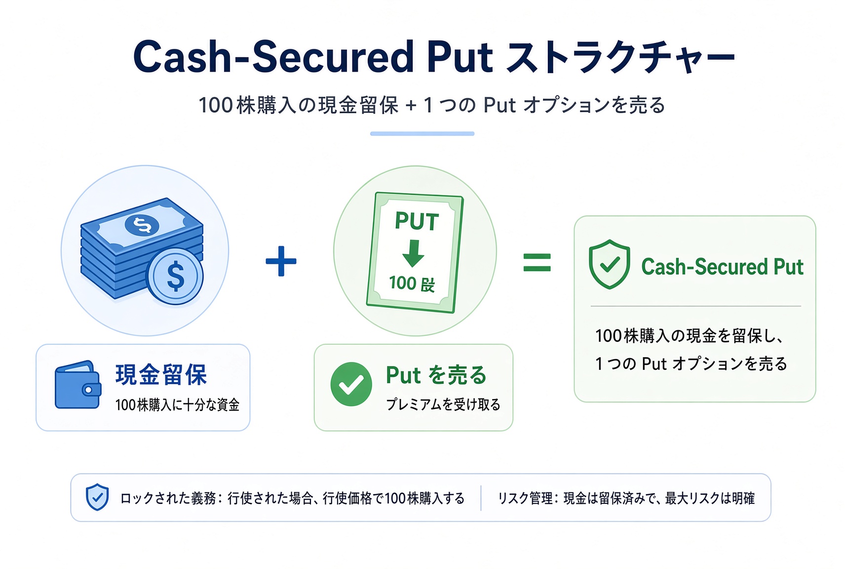 Cash-Secured Put の構造：口座に 100 株分の現金を残し、同時にプットを 1 枚売る。