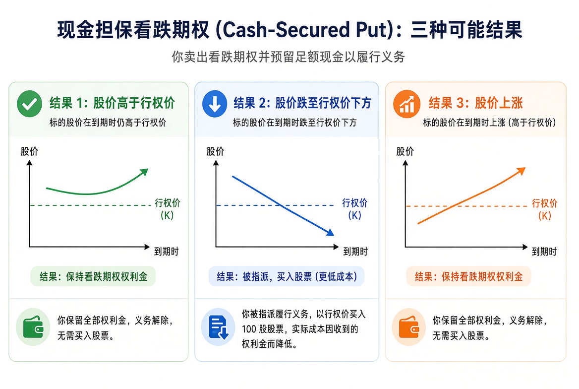Cash-Secured Put 三种结果：股价在行权价上方则收租不接货，跌破则按行权价买入，上涨同样保留权利金。