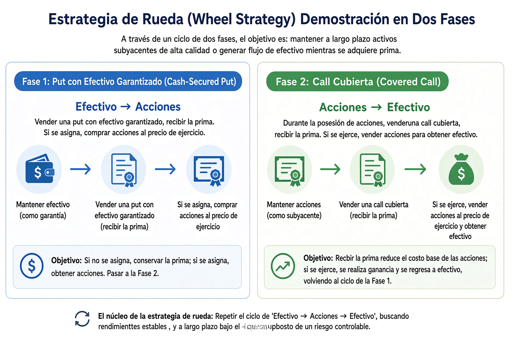 Dos fases de the Wheel: la fase uno vende un Put con efectivo de garantía para tomar acciones; la fase dos vende un Covered Call sobre esas acciones para recuperar el efectivo.