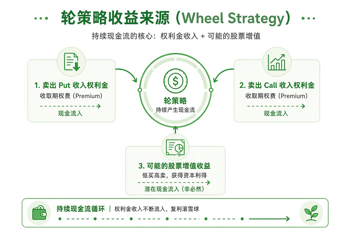 Wheel 的收益来源:卖 Put 的权利金、卖 Call 的权利金,以及股票被叫走时可能的价差。