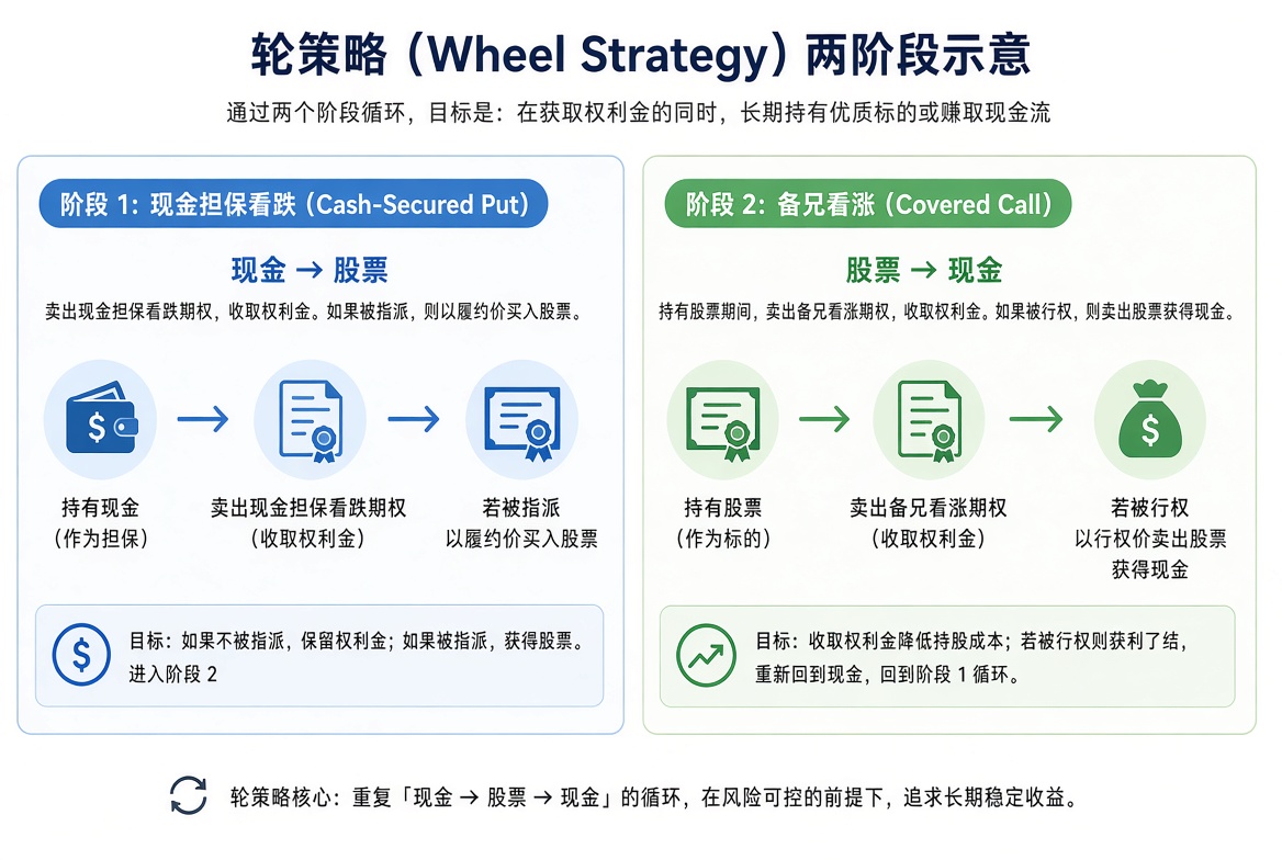 Wheel 两阶段:阶段一用现金担保卖 Put 换股票,阶段二对股票卖 Covered Call 换回现金。