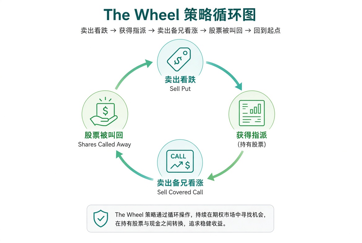 The Wheel 循环:卖 Put、被指派持有股票、卖 Covered Call、股票被叫走,再回到卖 Put。