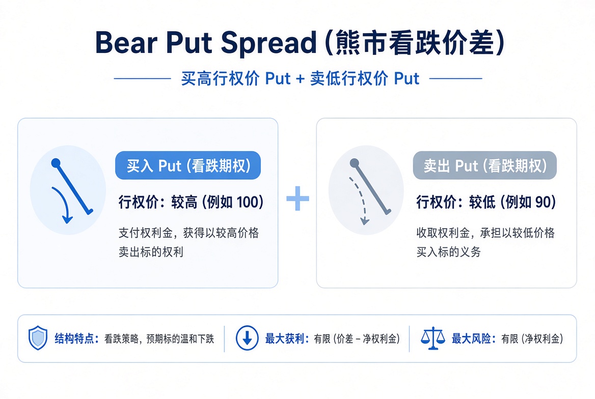 Bear Put Spread：买入较高行权价 Put，卖出较低行权价 Put。