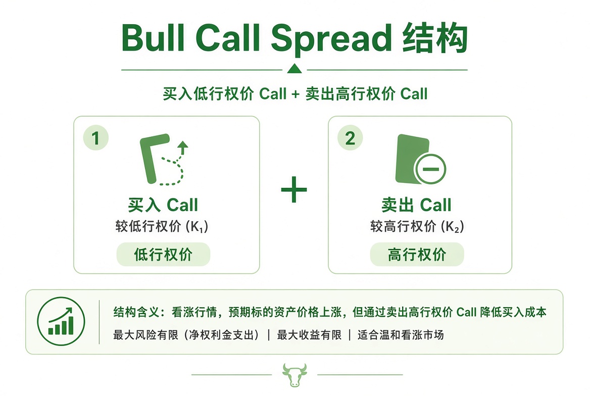 Bull Call Spread：买入较低行权价 Call，卖出较高行权价 Call。