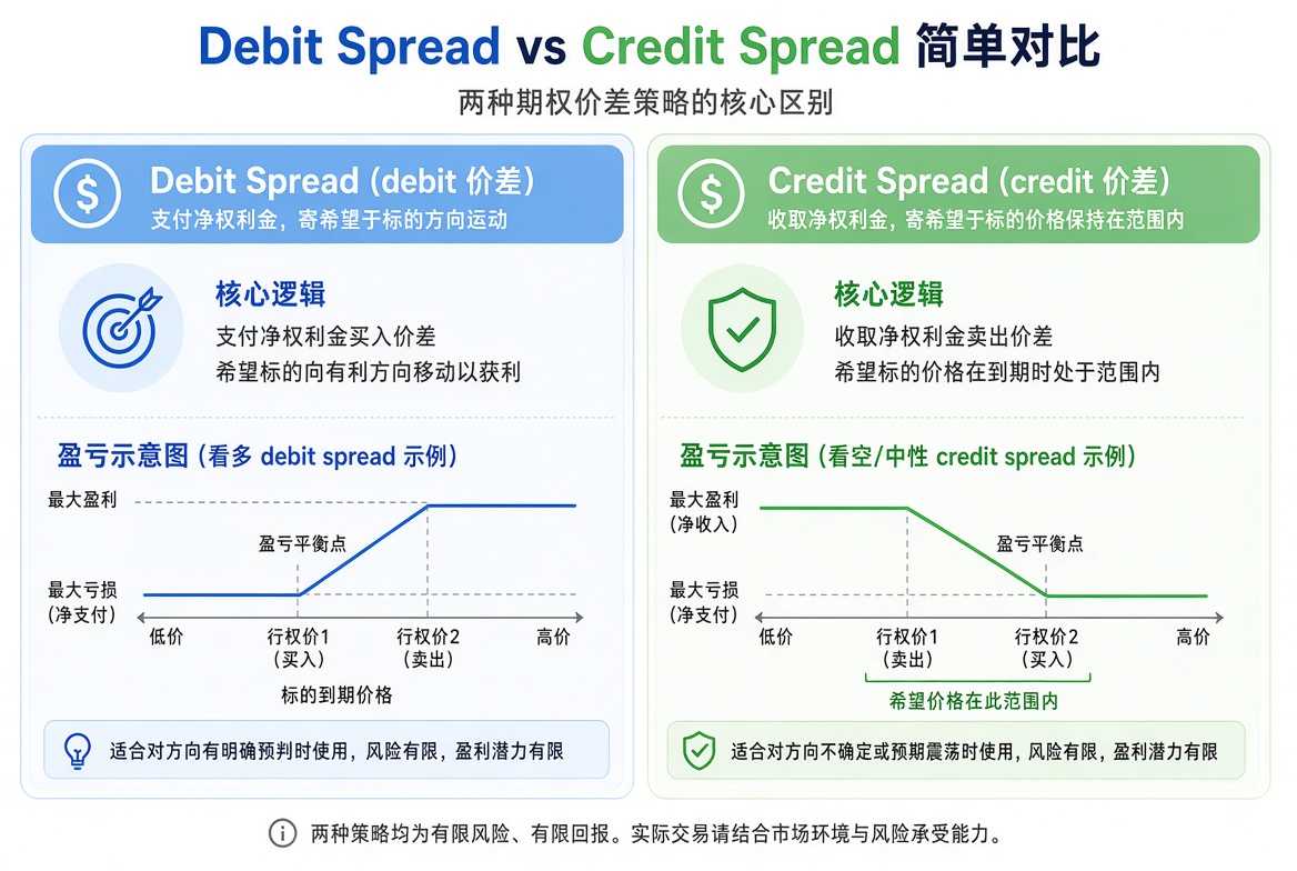 Debit 价差支付净权利金做方向；Credit 价差收取净权利金，赌价格留在区间内。