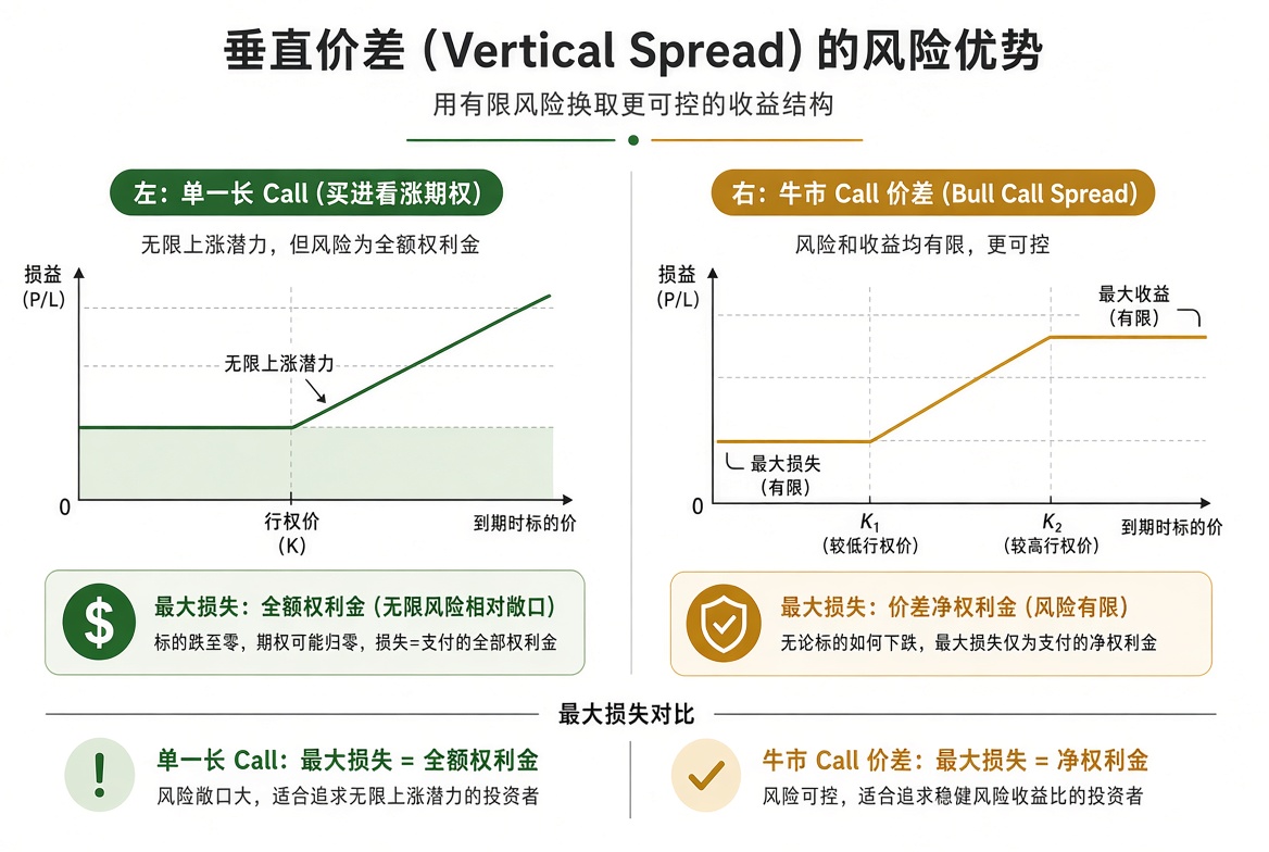 垂直价差把最大亏损和最大盈利都限制在开仓时就能算清的范围内。